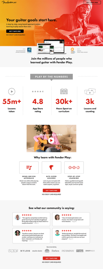 Fender Play Free Trial Offer Sales Page Example